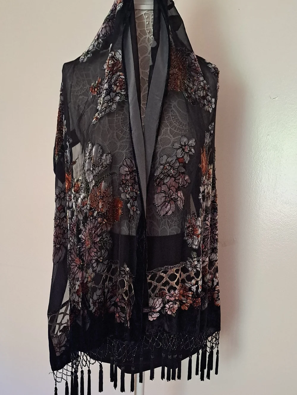 Vintage Black Sheer Floral Scarf with Fringe 100% Silk